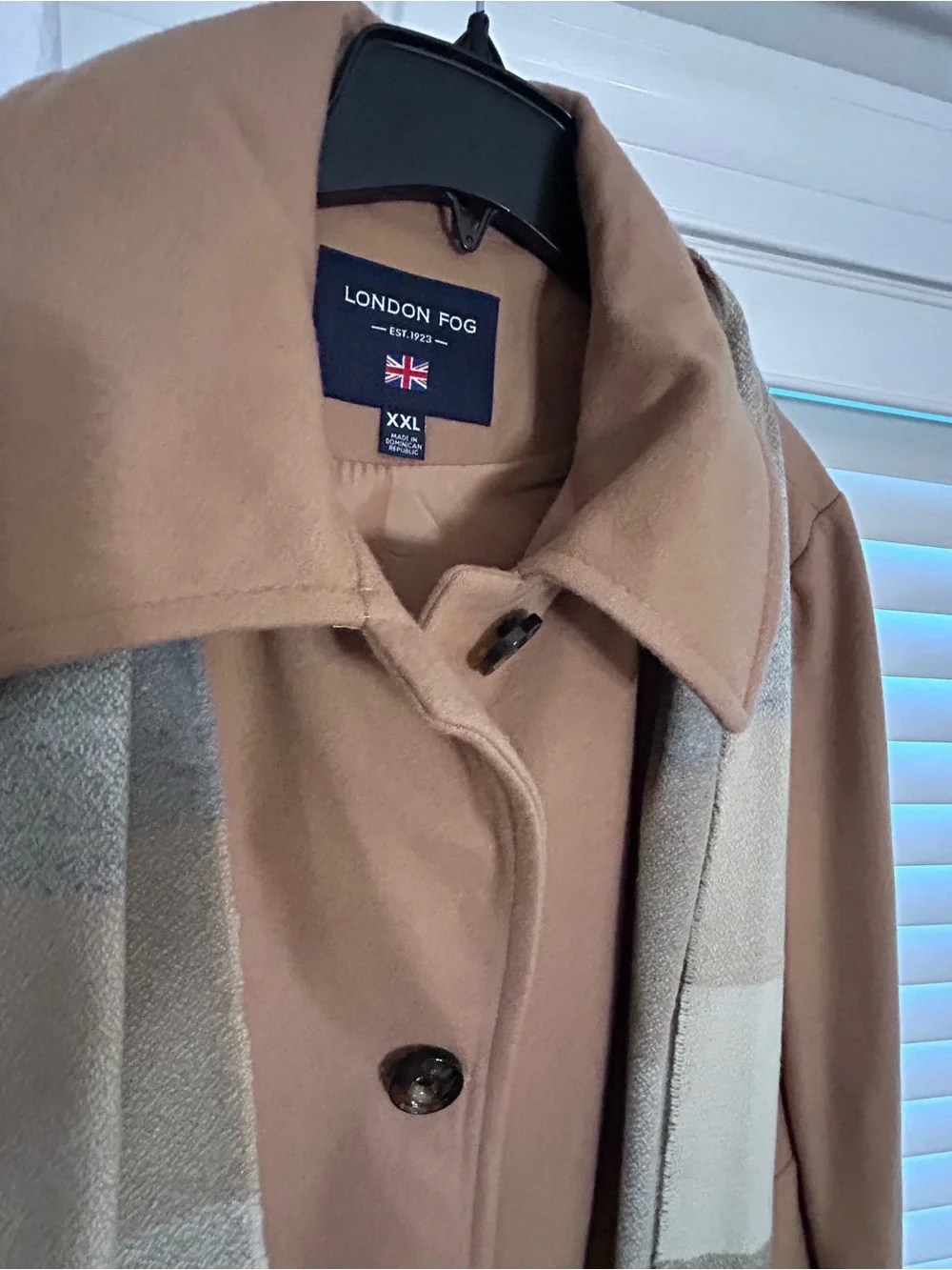 London Fog Women's Camel Wool-Blend Coat with Plaid Scarf